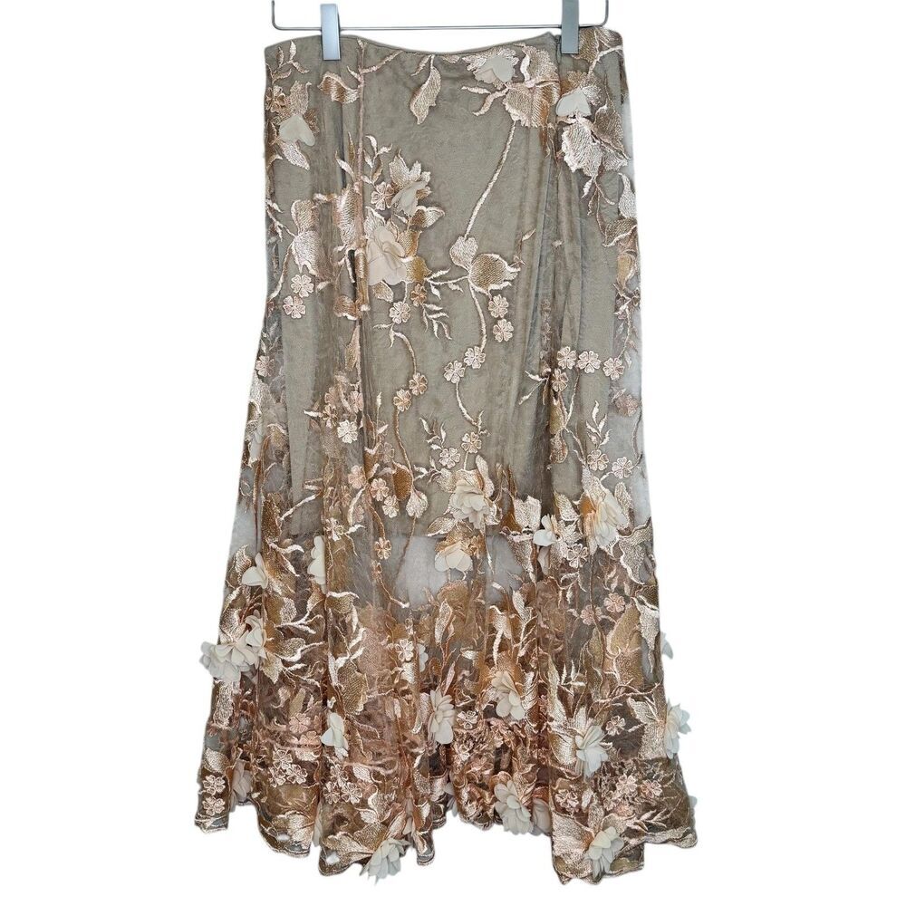 Dress The Population 2 Piece Set Womens M Beige Floral Embroidered Top Skirt - Picture 12 of 12
